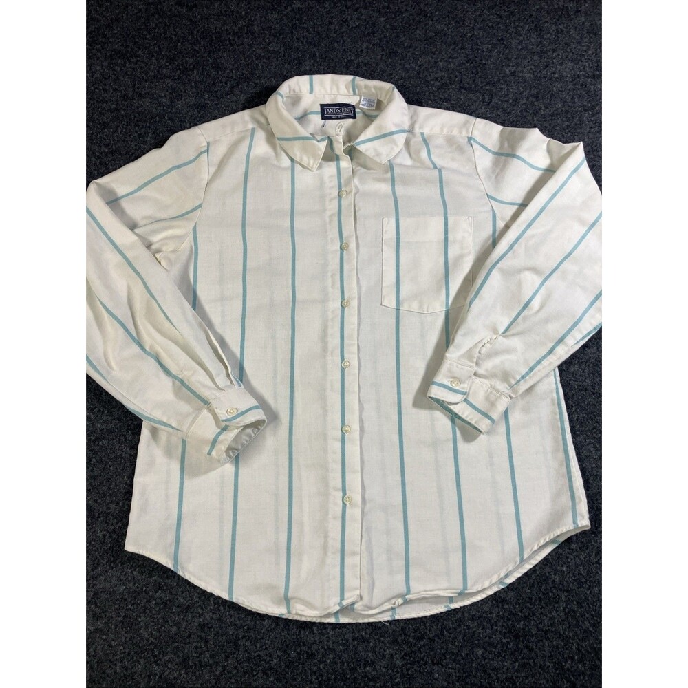 VTG 80s Lands End Made In USA Striped Button Down Shirt Womens 12 White Turquois
